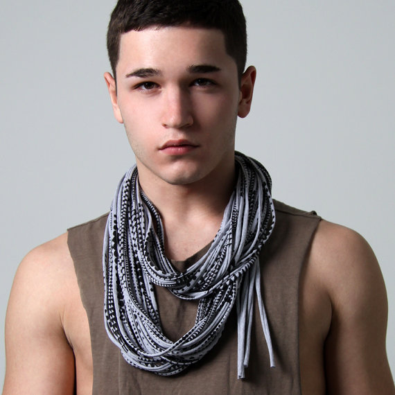 Mens Summer Scarf, Gray Black Infinity Scarf, Mens Circle Scarf, Womens